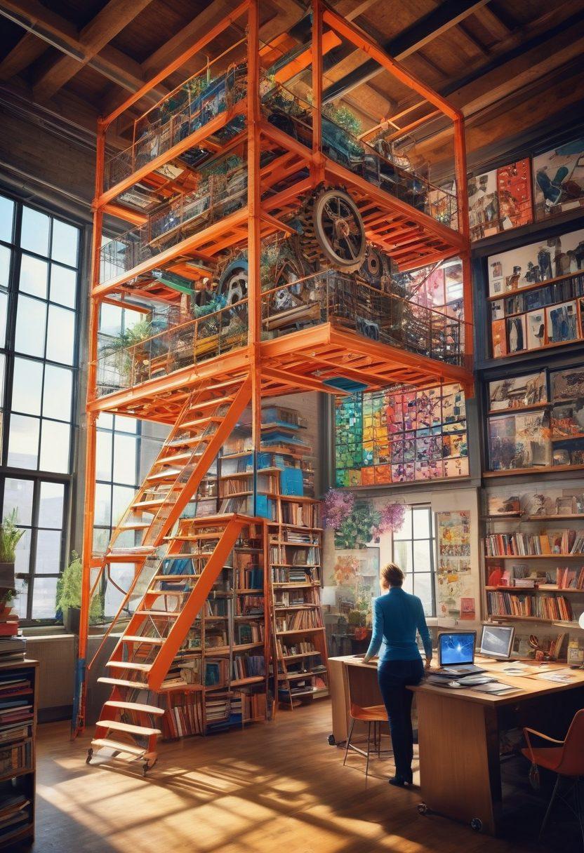 A vibrant workspace showcasing a diverse group of professionals collaborating, each highlighting unique skills through visual metaphors like gears, books, and technology. In the background, a large metaphorical ladder symbolizes upward success, while light bursts and colorful charts represent growth and achievement. The scene should convey energy, ambition, and creativity, inviting viewers into a journey of professional development. super-realistic. vibrant colors. dynamic composition.