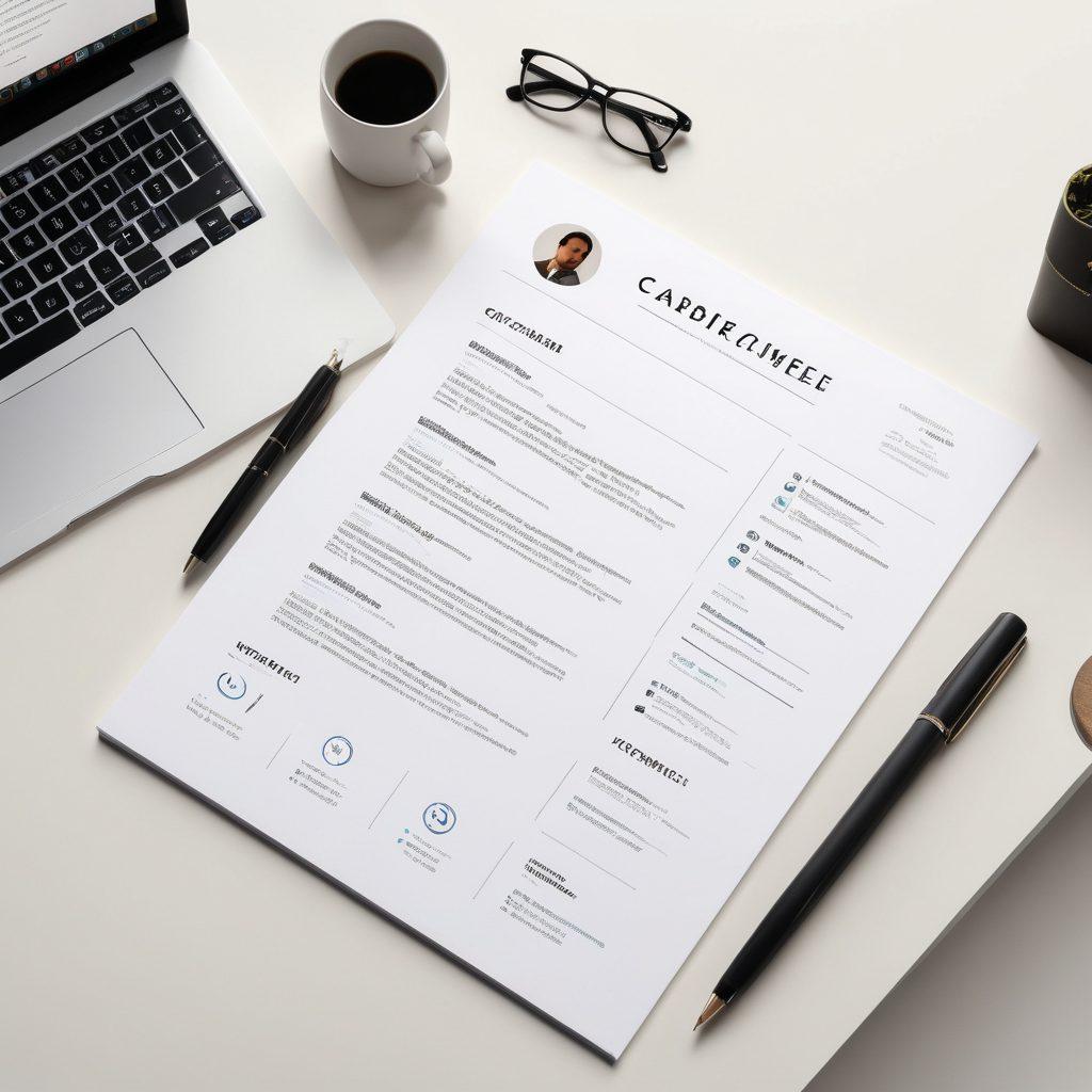 A well-organized and visually striking curriculum vitae displayed on a modern desk, surrounded by professional tools like a laptop, pen, and notepad. The CV features elegant typography and colorful infographics highlighting skills and achievements. Soft, natural lighting enhances the professional atmosphere, inviting the viewer to focus on the details. super-realistic. vibrant colors. white background.