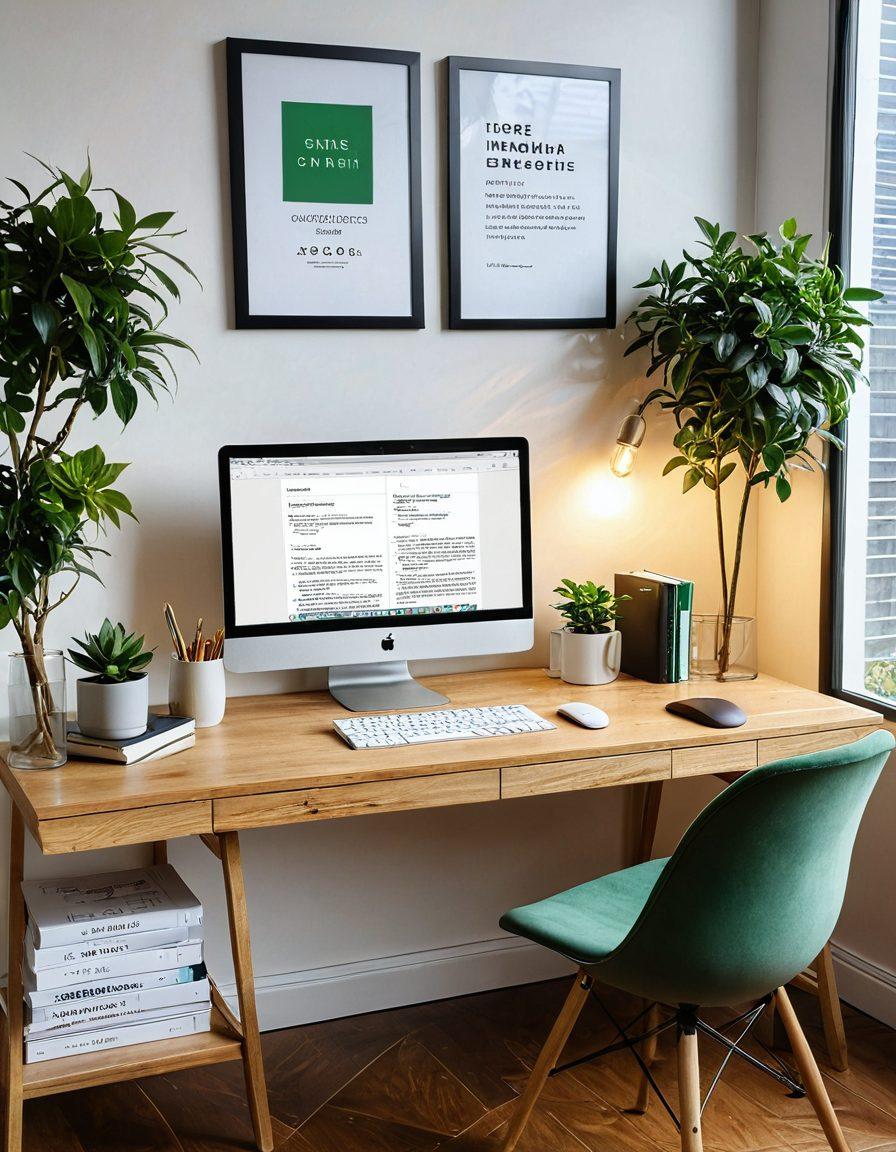 A modern workspace featuring a computer displaying a vibrant Europass CV template, surrounded by career advancement books and a steaming cup of coffee. In the background, motivational quotes are framed on the wall. A plant adds a touch of freshness to the atmosphere. The scene is illuminated with warm, inviting lighting to inspire creativity. super-realistic. vibrant colors. minimalist style.